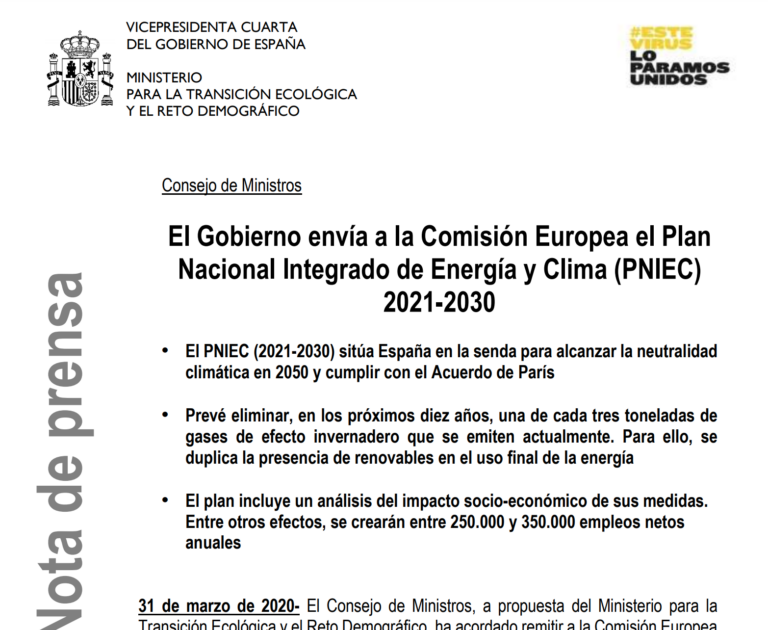 El Gobierno envía a la Comisión Europea el Plan Nacional Integrado de Energía y Clima (PNIEC) 2021-2030